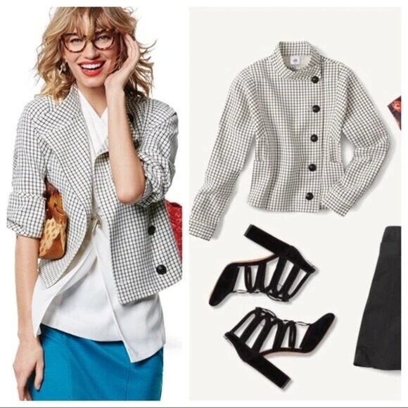 CAbi Black White Windowpane Plaid Knit Jacket Size XS 3173 Asymmetrical Button - Picture 4 of 14